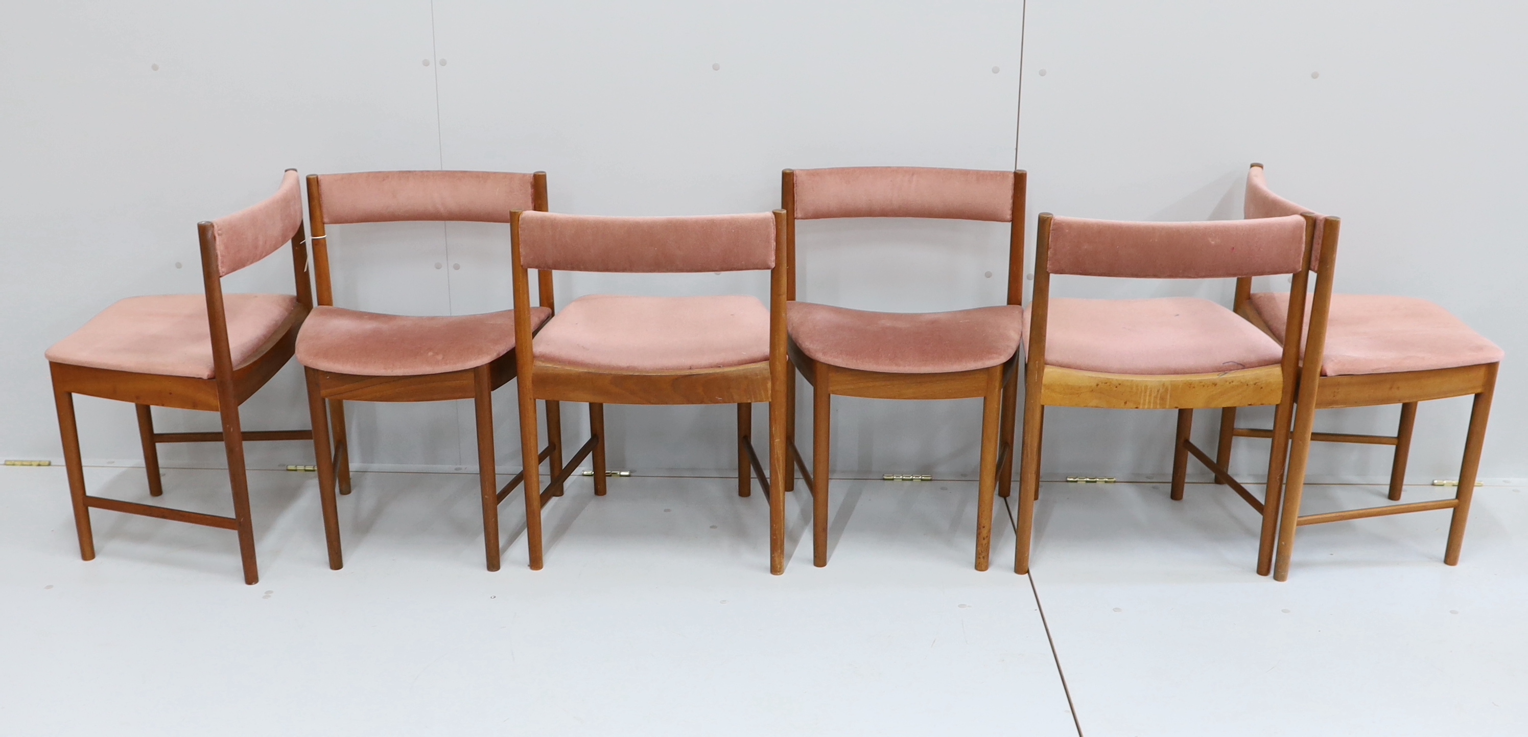 A set of six mid century teak dining chairs, width 49cm, depth 41cm, height 71cm